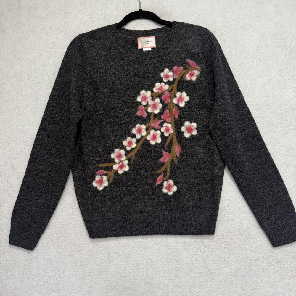 Saccharine Sweater Womens Small Gray Wool Blend Cherry Blossom Crewneck Floral